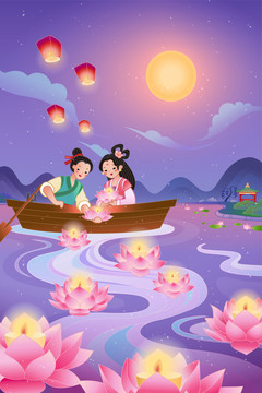 中国七夕插图 放荷花灯乘游船的牛郎织女