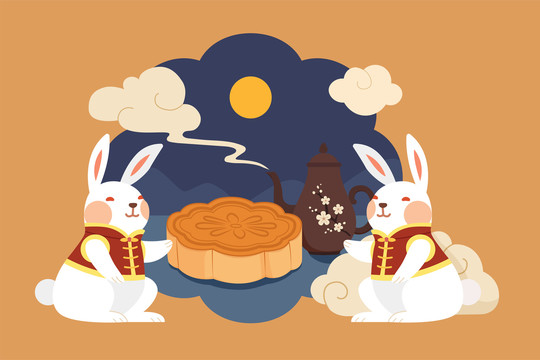 传统服饰玉兔享用月饼及茶点 中秋节插图