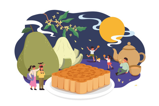 微型人物穿梭于广式月饼与柚子之间平面插图