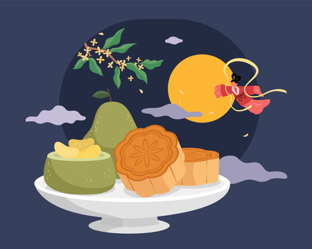 中秋月饼与柚子平面插图 逗趣嫦娥奔月背景