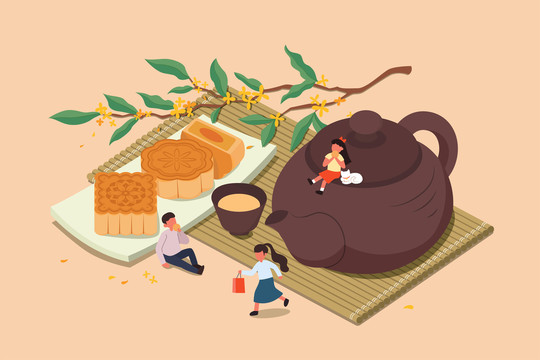 中秋微型人物享用月饼与茶平面插图