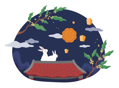 中秋玉兔在屋顶上赏月平面插图