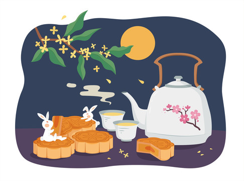 中秋玉兔在月光下享用月饼与热茶扁平插图