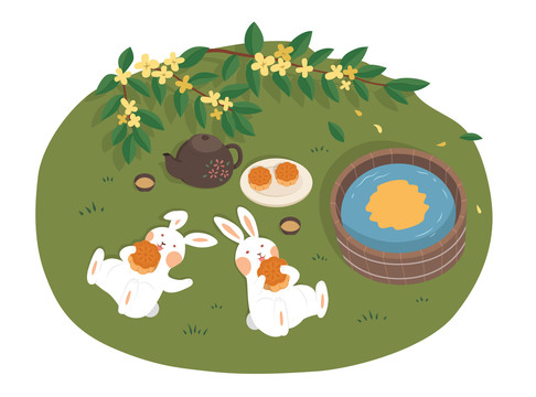 中秋玉兔仰躺在草地上享用月饼扁平插图