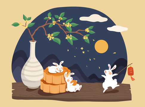 中秋玉兔倚着桂花与月饼赏月扁平插图