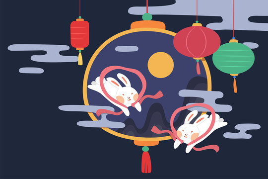 中秋嫦娥玉兔与灯笼装饰平面插图