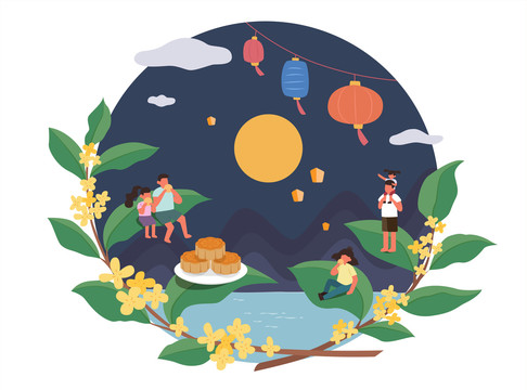 中秋节月光下享用月饼微型人物扁平插图