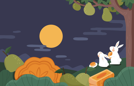 柚子树下吃月饼赏月的玉兔扁平插图