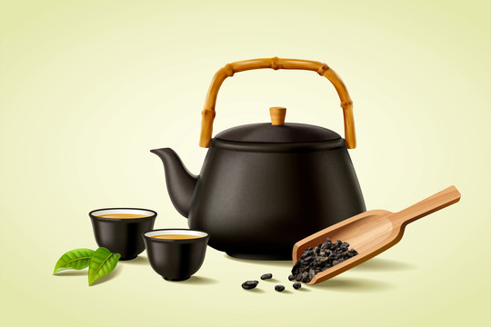 中国茶具组 茶壶茶杯与茶匙素材