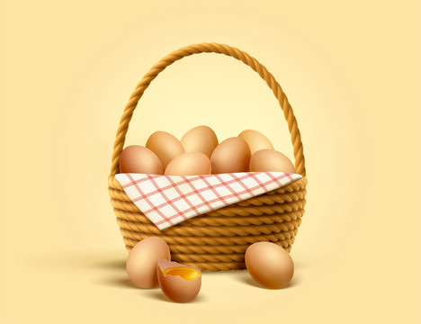 编织篮内的新鲜土鸡蛋三维写实元素