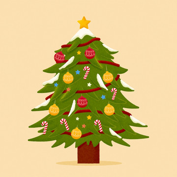 3d手绘风格充满装饰的圣诞树元素