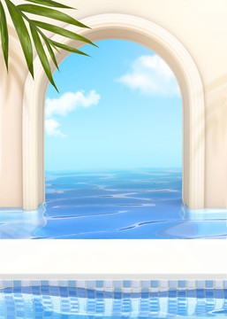 浪漫无边际泳池与拱门造型观景窗背景