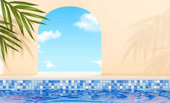 夏日瓷砖泳池背景与拱门外的蓝天美景