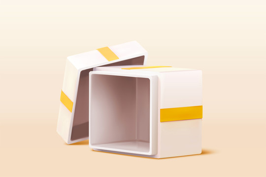 有黄色缎带的白色方形礼物盒三维元素
