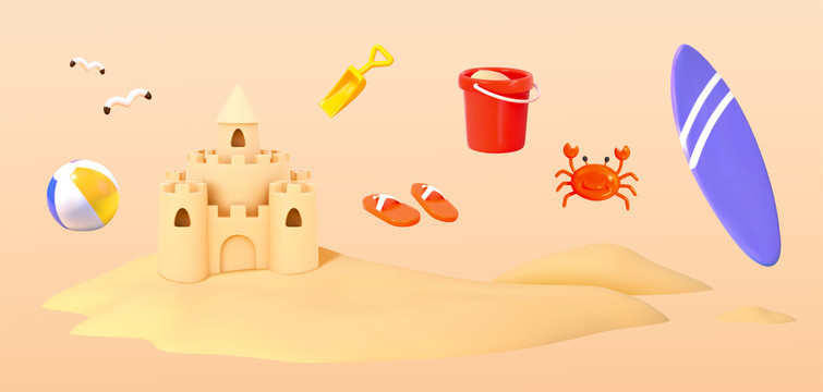 三维沙滩城堡与相关物品素材