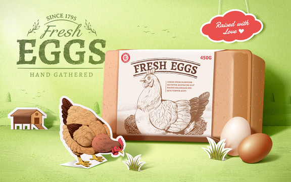 蚀刻风母鸡插图包装 新鲜鸡蛋广告