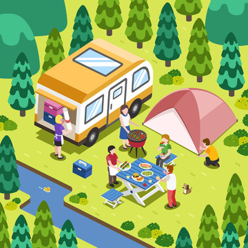 露营车旅行的一家人插图设计