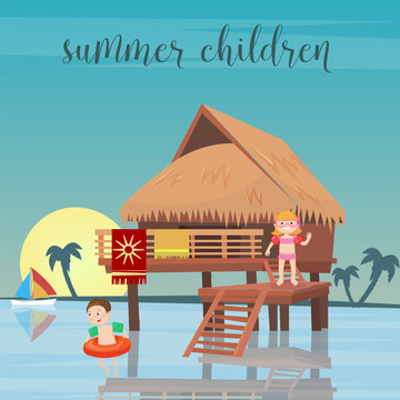 海上度假小屋上玩耍的儿童插图