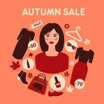 秋季购物与女人 平面插图