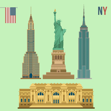 纽约著名建筑群与自由女神像矢量图