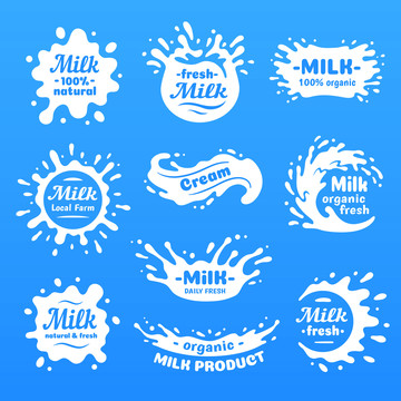 乳制品牛奶泼溅商标设计元素集合