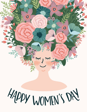 妇女节花朵头饰女人插图海报