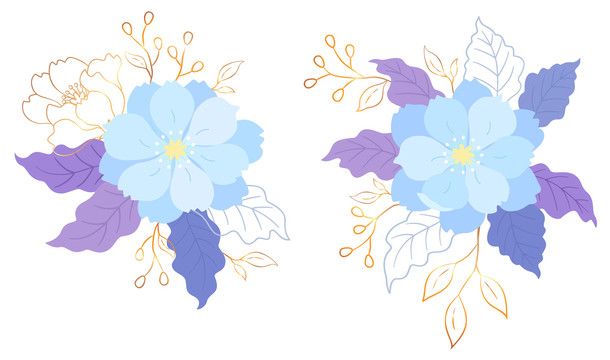 蓝色花卉及叶子轮廓