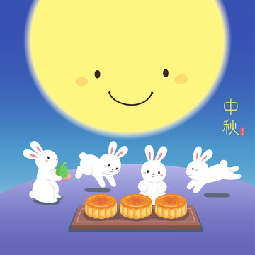 中秋白兔及月饼插画