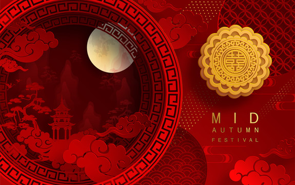 中式圆形边框里的满月中秋节风景剪影横幅