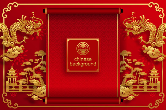 金红卷轴与文化象征装饰的中式新年婚礼横幅