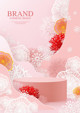 化妆品牌展示台珊瑚花卉丛时尚造型海报