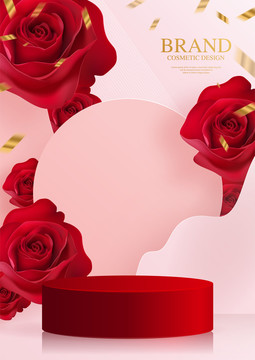 时尚大红玫瑰绽放圆形背板展示台元素海报