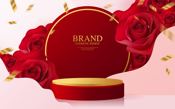 红色玫瑰花海彩带绽放背板化妆品牌海报
