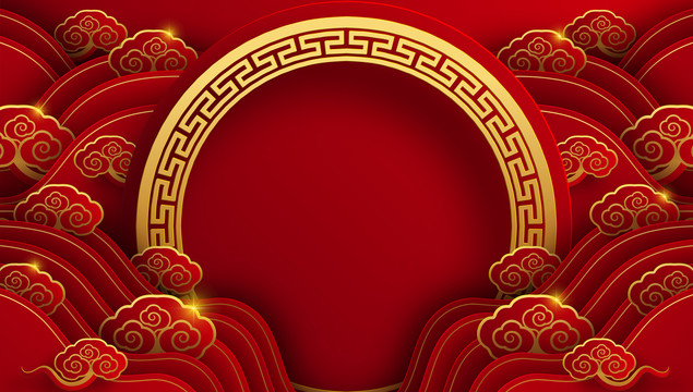 云朵装饰的中式新春结婚典礼圆形边框背景
