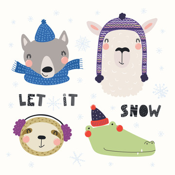 欢乐冬天的动物插图集合