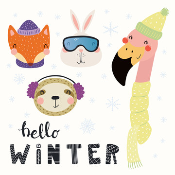 欢乐冬天的动物插图集合