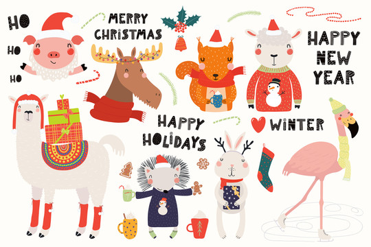 欢乐圣诞节的动物插图集合