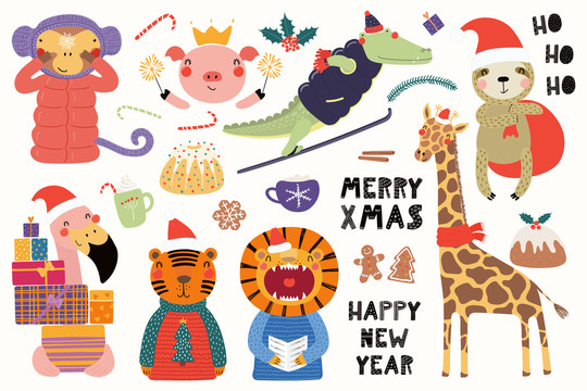 欢乐共度冬季圣诞节的动物插图集合