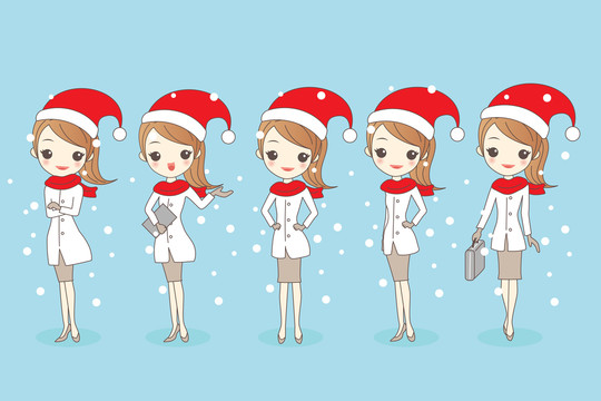 戴圣诞帽欢度冬天的女生插图集合
