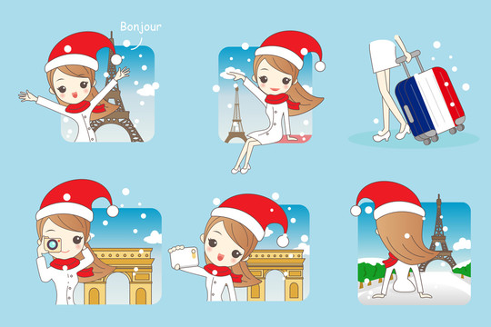 冬天戴圣诞帽旅游巴黎的女生插图集合