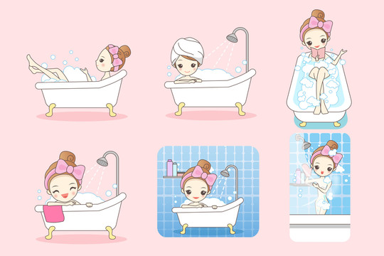 女孩快乐洗泡泡浴卡通插图