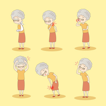 银发奶奶身体的各式疼痛卡通插画