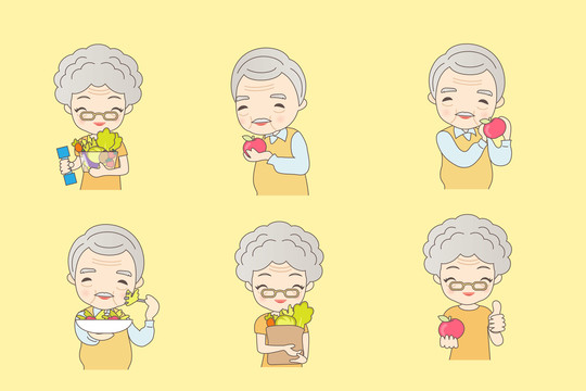 银发老夫妻富含蔬果的健康饮食卡通插图