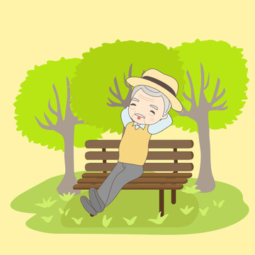 银发老爷爷公园长椅上坐享自然卡通插画