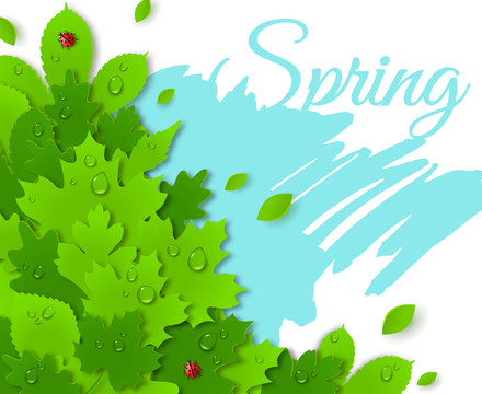 绿色春天艺术字体与叶子层叠效果插图