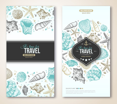 海洋贝壳旅游宣传素描直式设计模版海报