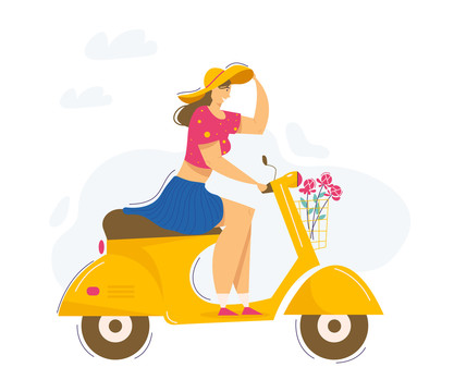 年轻女生骑乘着黄色摩托车插图