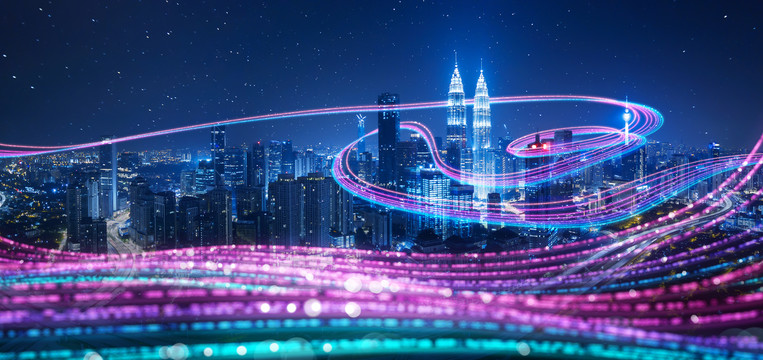 柔顺霓虹光轨流动围绕马来西亚双子星塔封面设计
