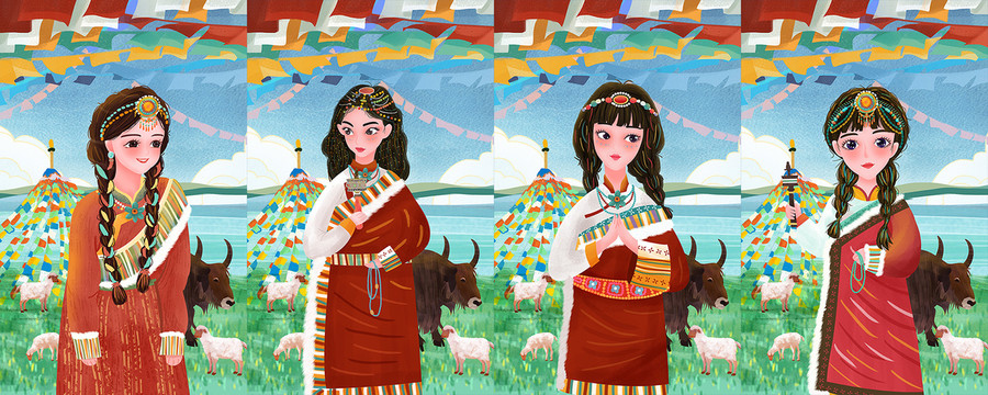 藏族女孩插画合集