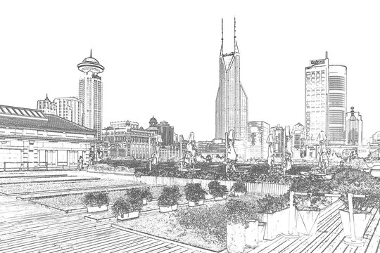 上海人民广场建筑线描